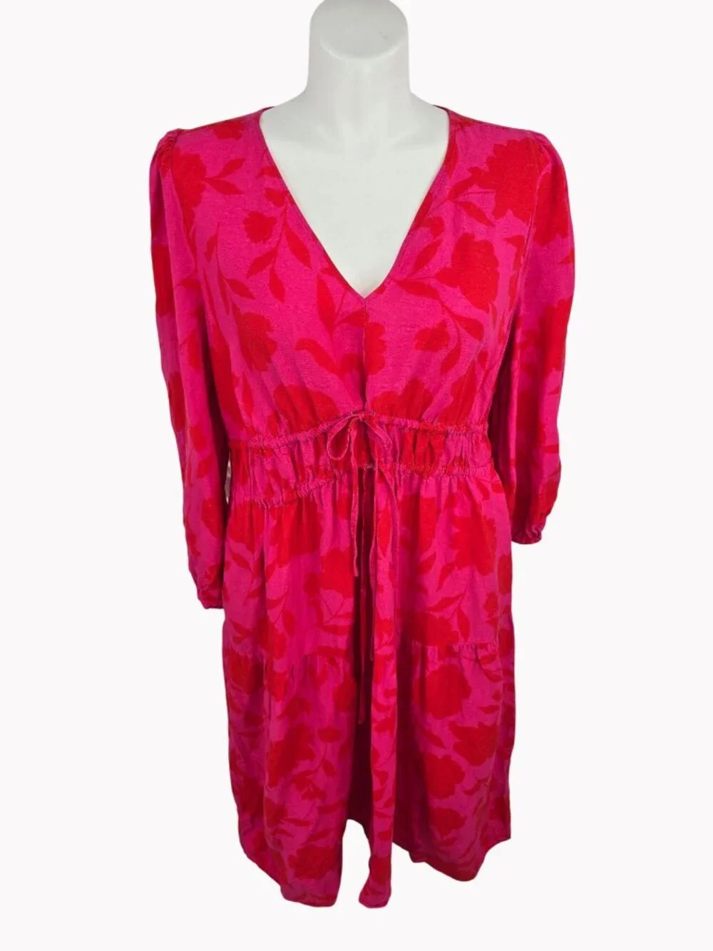 Kate Spade New York 1X Red & Pink Floral Midi Dress With Drawstring Waist